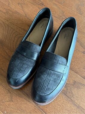 Clarks Black Leather & Fabric Penny Loafers
